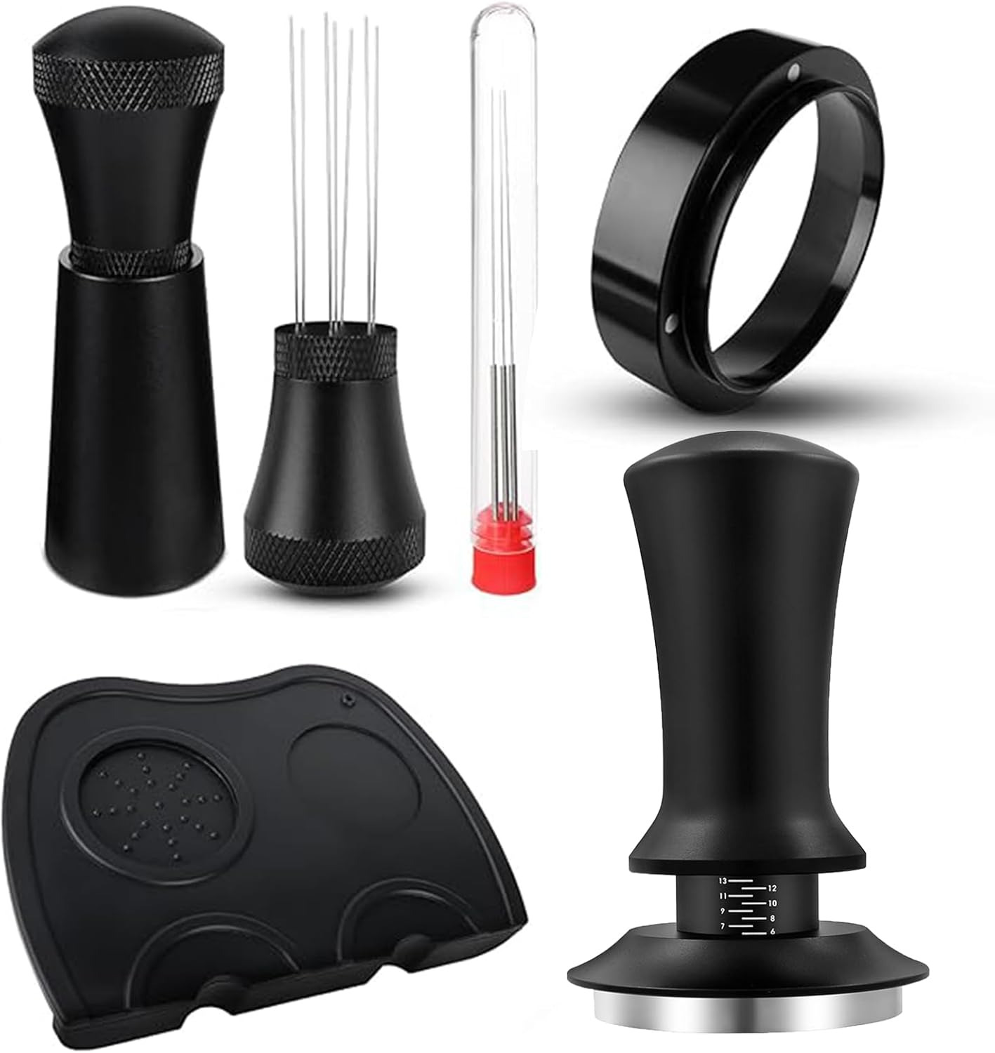 Coffee Accessories Set, Espresso Tamper, 58mm Coffee Tamper,Tamper Mat, Dosing Funnel, Spring-Loaded Tamper Flat Stainless Steel Base Compatible with Espresso Aluminum Handle Accessories