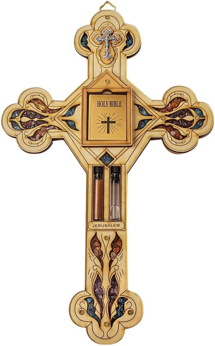 KARMA AND LUCK Ultimate Believer - Multistone Healing Crystals Cross Holy Water Bible Symbols Protection Wooden Wall Blessing Plaque, Bring Calm Peace, Multicolor, 11'' Height