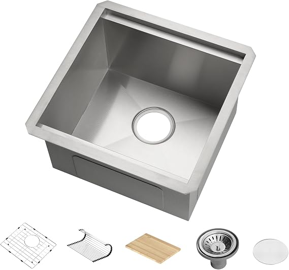 Lefton 17"x17" Stainless Steel Single Bowl Kitchen Bar Sink, Undermount Workstation Sink for RV with Accessories, 10" Deep, BS2501 (Contemporary, Brushed Nickel)