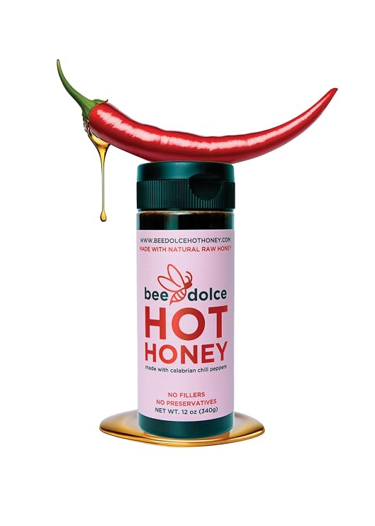 Bee Dolce Hot Honey, 12 Oz Sweet and Spicy Honey with Calabrian & Habanero Peppers, Artisan, Gourmet, Gluten Free, Fried Chicken, Pizza, Charcuterie Board, Unique Gifts, Foodie Gifts, Sandwiches, Natural, Italian Inspired, Women Owned