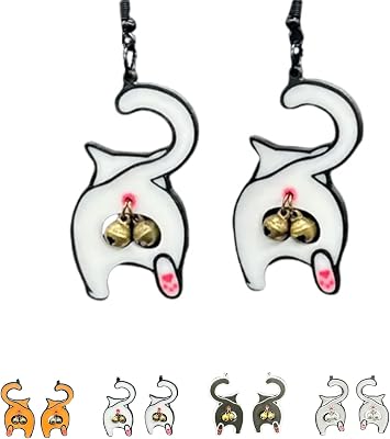 Funny Cat Butt Earrings with Bell Ball Jewelry, Lightweight Kitten Backside Dangle Earrings, Unique Gift for Women
