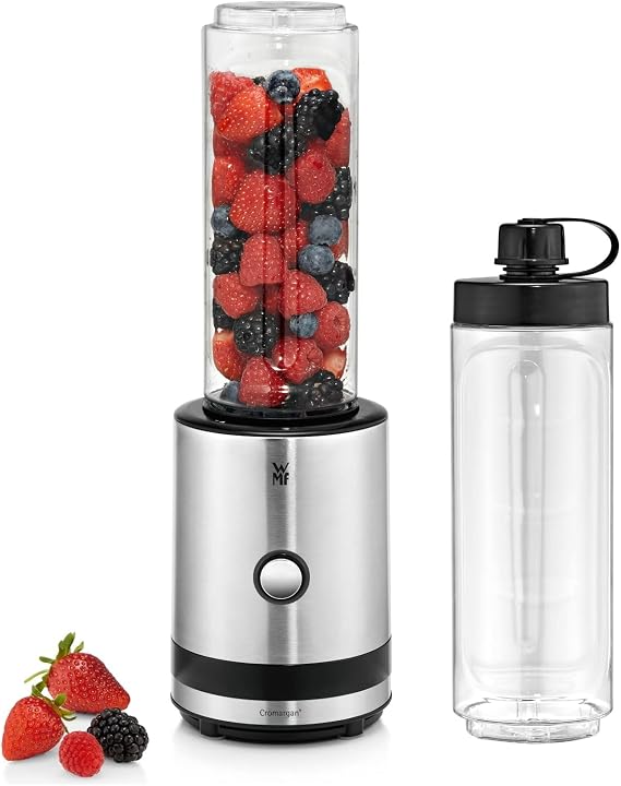 WMF Kitchenminis Smoothie-to-go, Smoothie Maker klein, Mini Standmixer mit zwei Mix-/Trinkbehältern 0,6l, 300 W, edelstahl matt