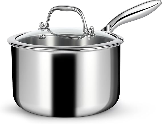 EWFEN 3 Ply Stainless Steel Saucepan with Lid, 2 Quart Multipurpose Cooking Pot, Stay-Cool Handle, Induction Oven Dishwasher Safe, 2 QT