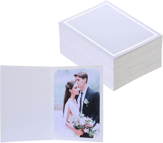 50 Pcs Photo Folders for 4x6 or 5x7 Pictures,Paper Picture Frames, Cardboard Greeting Photo Frame Cards for Father's Day,Christmas New Year Wedding Birthday Classroom DIY (White with Silver Foil)