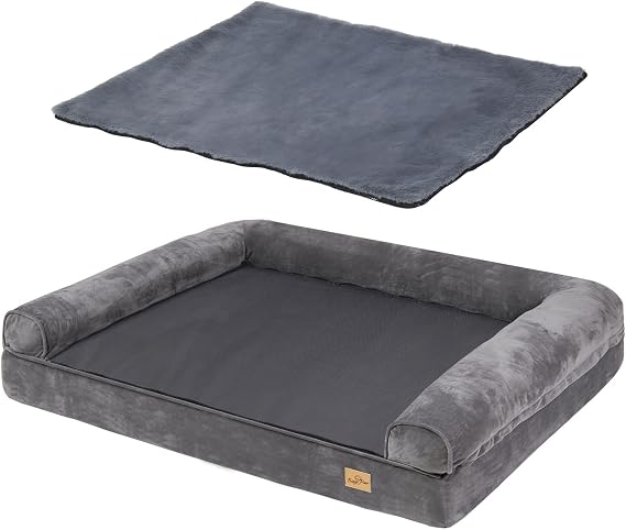BingoPaw Extra Large Dog Sofa Bed: Memory Foam Orthopedic Pet Mattress Cushion - Waterproof Bolster Dog Couch with Pillow and Washable Cover Grey XXL (120X90cm)