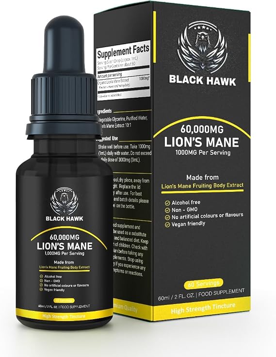 Lions Mane Liquid Drops 60,000mg - High Strength Lion's Mane Mushroom Tincture - Fruiting Body Extract Nootropic Supplement - 60 Vegan Servings, 2 Month Supply - Alcohol Free - BLACK HAWK
