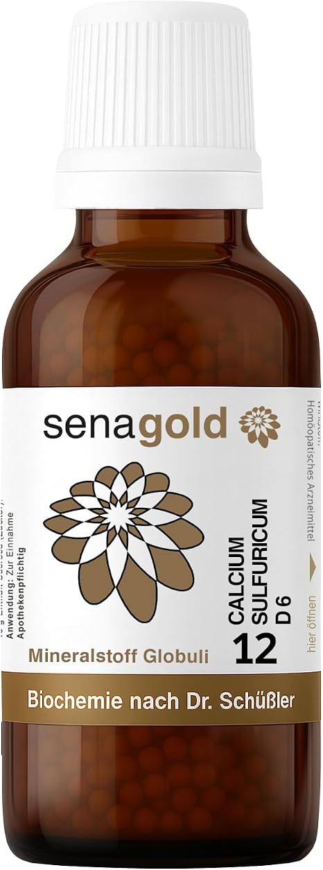 Senagold Schüßler Salt No. 12 - Calcium Sulfuricum D6 - Lactose-free Globules 50 g - The Salt of the Joints - Made according to Homeopathic Pharmacopoeia in Germany