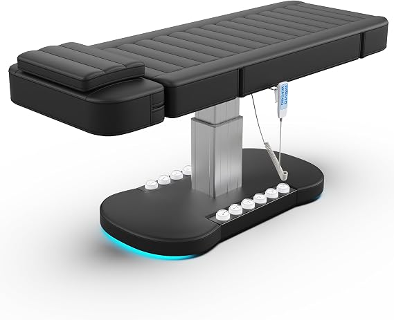 3 Motor Electric Massage Table - Heavy Duty Professional Massage Table with Electric Backrest, Foot Pedal & Height, Esthetician Tables with LED Light, Metal Pedestal and PU Leather for Spa, Beauty