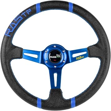 RASTP Universal Racing Steering Wheel,Deep Dish Steering Wheel Leather Embroidery 13.58/345mm 6 Bolts with Horn Button Include Cable, Wrench,Blue