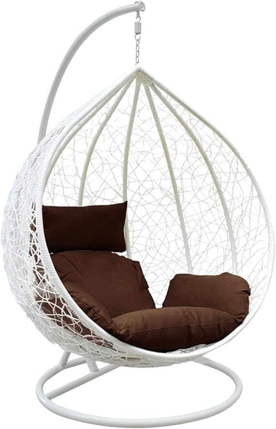Rattan Swing Egg Chair Garden Swing Chair Patio Hanging Chair Indoor/Outdoor Hanging Hammock with Cushion (White Egg Chair & brown Cushion)
