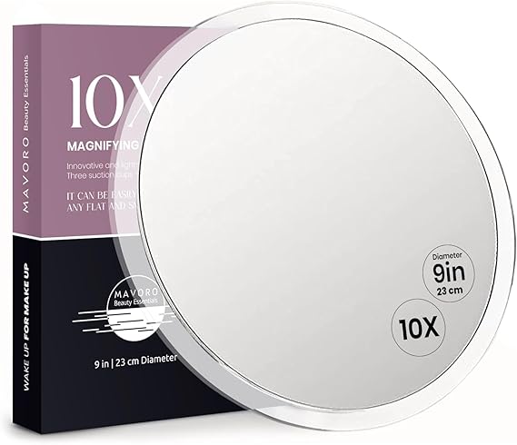 Mavoro 23cm Magnifying Mirror with 3 Strong Suction Cups |10X Magnification | Portable Travel Makeup & Cosmetic Mirror (10X)
