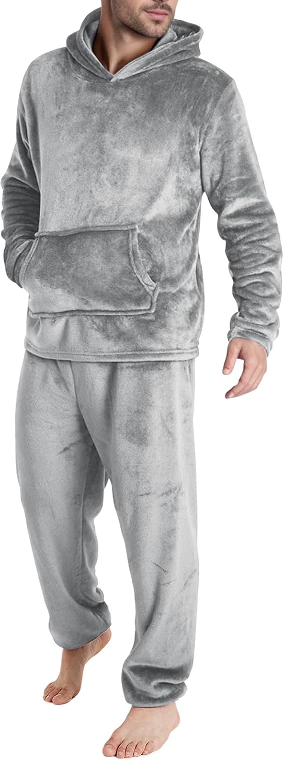 Mens Pajamas Set Flannel Fuzzy 2 Piece Lounge Set Thermal Outfit Fleece Loungewear Hoodies With Pockets Casual Pants