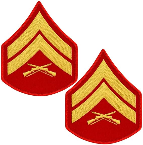 USMC United States Marine Corps Chevron, Gold Embroidered on Red CPL E4
