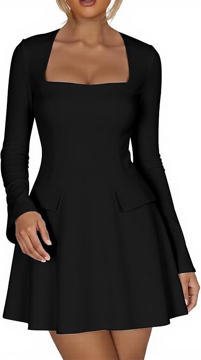 Kaximil Women's Long Sleeve Square Neck Corset Mini Dress
