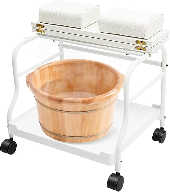 Portable Pedicure Cart, Beauty Salon Nail Or Foot Bath Spa Esthetician Trolley Cart Portable Trolley White Footrest Stand Pedicure Cart with Wheels for Foot Rest Pedicure Massage Salon