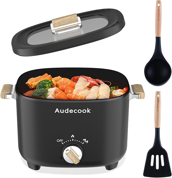Audecook Hot Pot Electric, 2.5L Non-Stick Portable Pot for Dorm Cooking | Dual Power Control Ramen Cooker for Steak, Egg, Noodles, Oatmeal & Soup | Mini lazy Pot Ideal for Dorm, RV, Travel & Camping