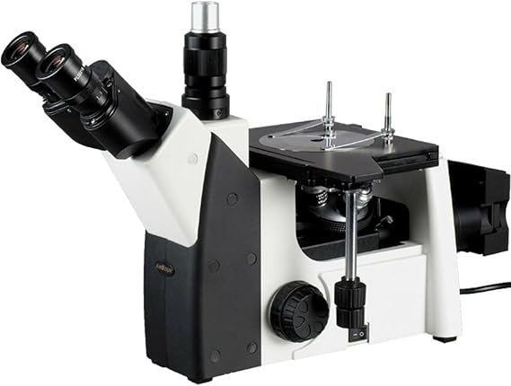 AmScope ME1200TB Inverted Trinocular Metallurgical Microscope, 1000X | 50X-1000X Magnification Range Mechanical Stage Built-In LED Illumination Brightfield Imaging Built-In Condenser