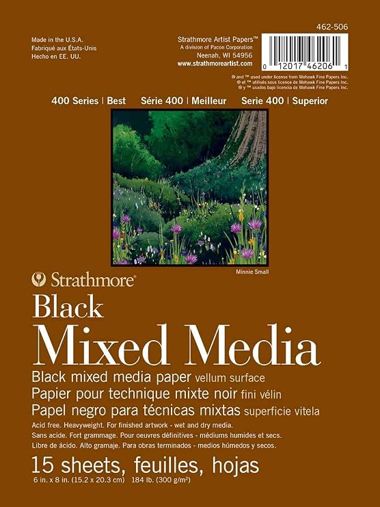 Strathmore 400 Series Mixed Media pad, Gluebound, 184lb Paper, Black, 6x8 inches, 15 Sheets (462-506)
