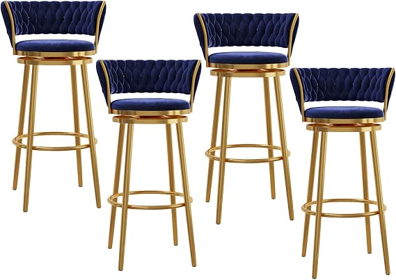 360° Swivel Bar Stools Set of 4, Velvet Gold Breakfast Dining Chair Height Bar Chairs with Metal Frame and Footrest for Breakfast Bar, Counter, Kitchen and Home, 29.5'',Blue
