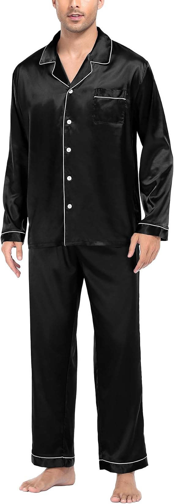SWOMOG Mens Silk Satin Pajamas Set Long Sleeve Sleepwear Button-Down Pj Two-piece Loungewear with Long Pants S-XXL