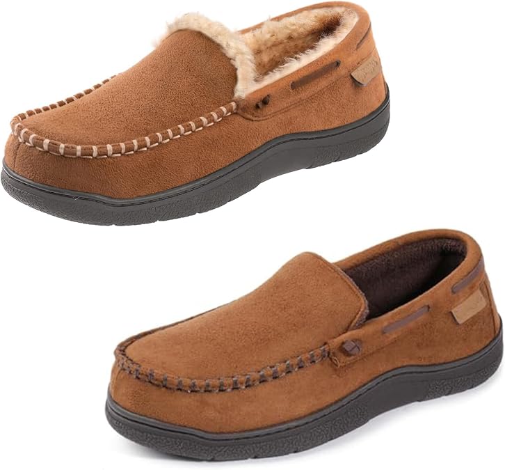 Zigzagger Set of 2 Pairs of Men's Moccasin Slippers, Size11,Camel&Tan