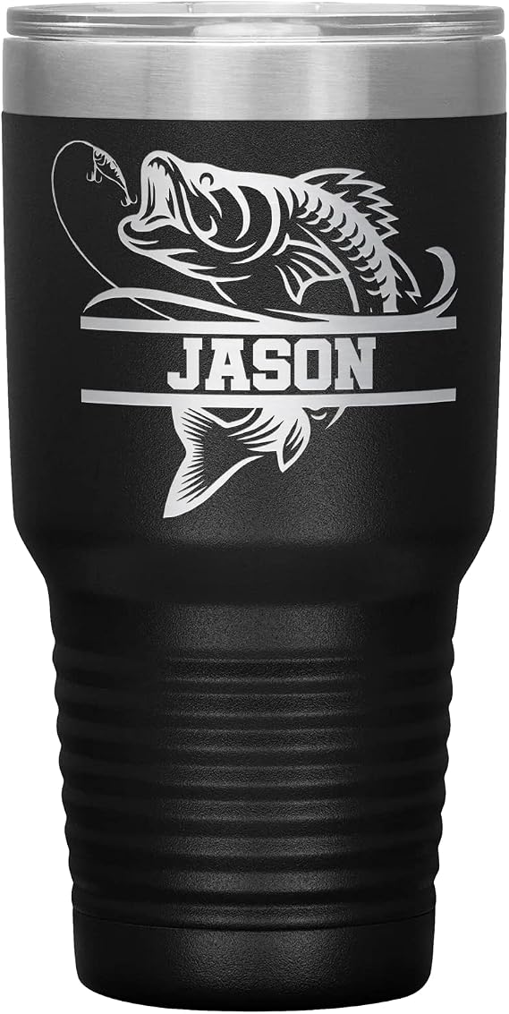 Personalized Bass Fishing Tumbler with Name - 30oz Engraved Cup - Black