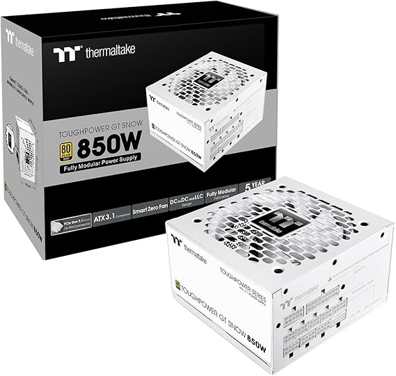 Thermaltake Toughpower GT 850W Snow ATX 3.1 Power Supply; 80 Plus Gold Efficiency; Smart Zero Fan; Native 600W PCIe 5.1 Connector; PS-TPT-0850FNFAGU-W;