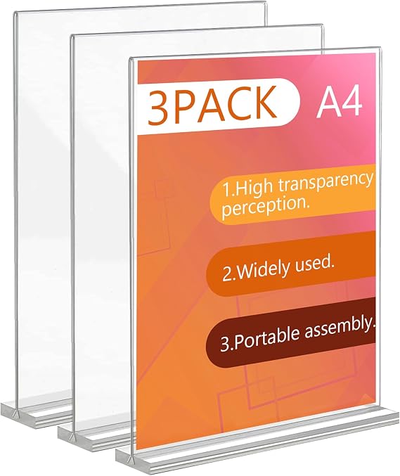 A4 Acrylic Sign Holder, 3 Pcs Clear Double Side Menu Holders, A4 Display Stand Perspex Display Stands for Poster, Restaurant, Office, Exhibition, Store