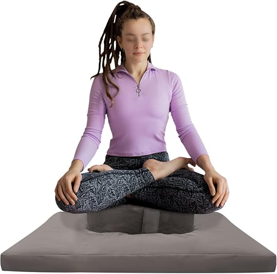 Meditation Cushion Set 31.5in Floor Pillow Zafu Zabuton with Washable Cover Buckwheat Fill for Yoga Practice Reading Relaxation Comfortable Ergonomic Support Portable Lightweight Design (Grey)