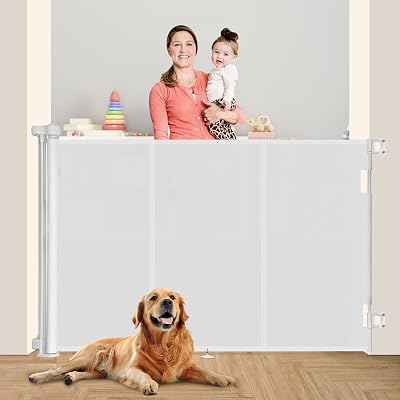 71 inch Retractable Baby Gates, Retractable Gate with Reinforced Strip Design to Prevent Crawling Through, 6 FT Retractable Dog Gate for Stairs, Doorways, Hallways, IndoorOutdoor