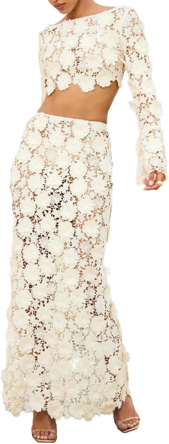 Women's Floral Lace 2 Piece Skirt Set Long Sleeve Crop Top and Bodycon Maxi Skirts Summer Outfits