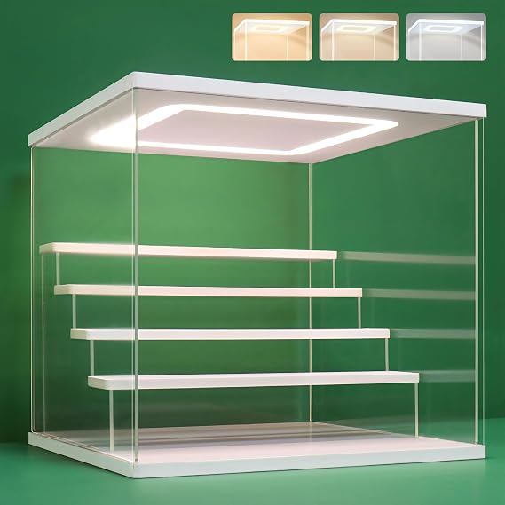 NONEMEY Clear Acrylic Display Case Stand with LED Light 2/3/4/5/6 Tier Storage Box Showcase Dustproof Organizer Box for Collectibles (White 5Tier 12.4x12.2x12inch,31.5x31x30cm)