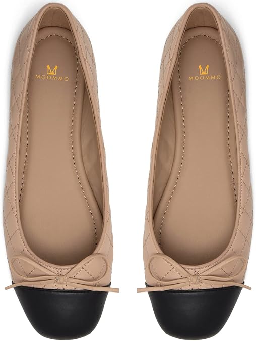 MOOMMO Women Cap Toe Flats Bow Slip On Ballet Flats Comfort Quilted Colorblock Flat Shoes Round Toe Flat Heel Dress Shoes Office Ladies Party Chic Driver Flats Casual 4-11 M US