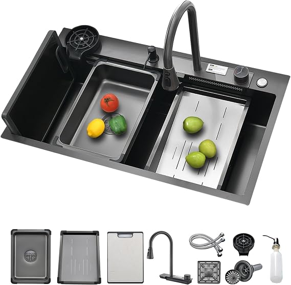 Waterfall Kitchen Sink 34" x 18" Drop-in Single Bowl Sinks, SUS304 Workstation Handmade Undermount Sink With Pull-out Faucet, Cup Washer & Accessories (Dark Gray, 34" x 18")