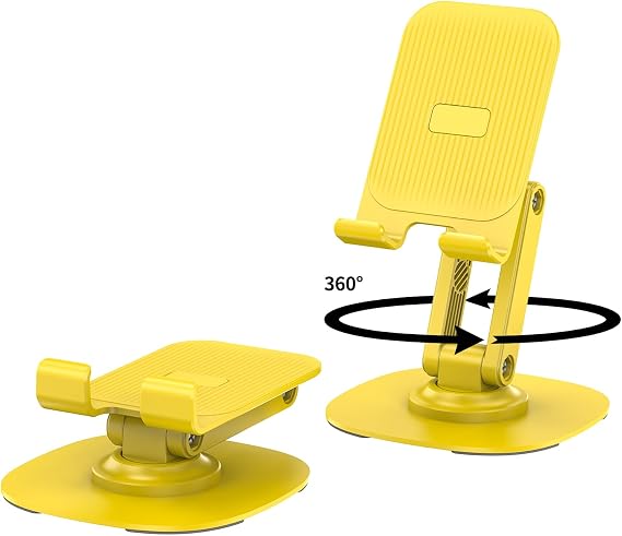 360 Rotating Cell Phone Stand for Desk, K69-Yellow | Adjustable & Foldable Phone Holder, Aluminum Desktop Phone Stand with Anti-Slip Base, Phone Holder for Desk