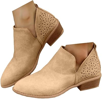 ZSpzx Womens Casual Cut Out Ankle Boots Slip On Low Heel Short Chunky Stacked Heel Perforated Side V Cut Shoes Perforated Retro Western Boots Cutout Shoes for Women