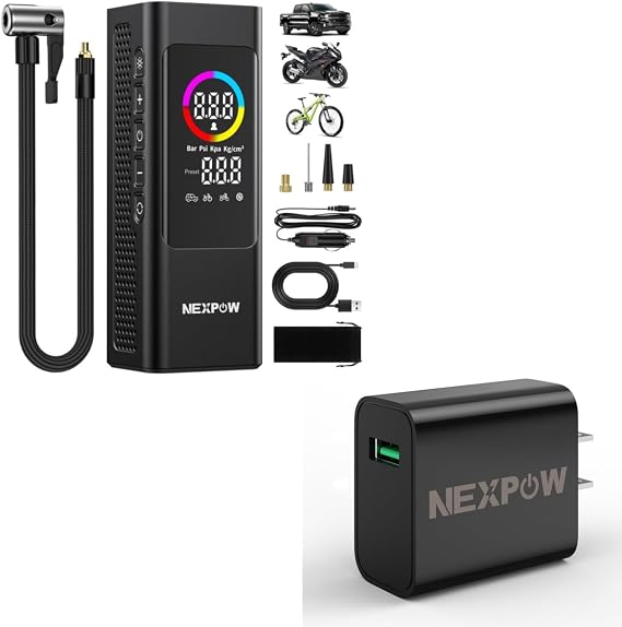 NEXPOW 150 PSI Tire Inflator Portable Air Compressor, 12000mAh Battery Auto Shut-Off Air Pump for Car Tires, Fast Inflation Dual LCD Display Tire Pump, Pocket Air Pump for Bike, Motorcycle, Ball, Car
