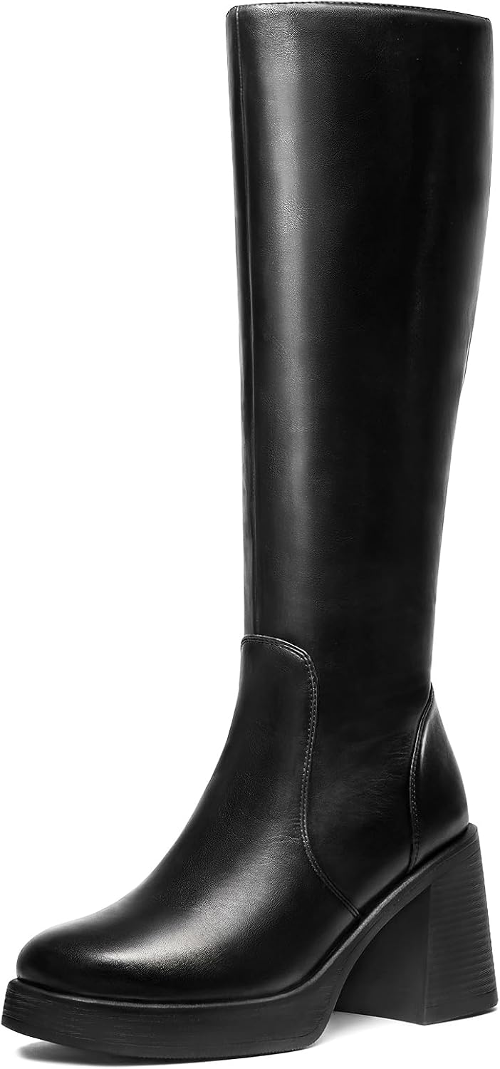 Black Knee High Boots for Women - Platform Tall Boots Square Toe Chunky Block Heeled Gogo Boots B 6