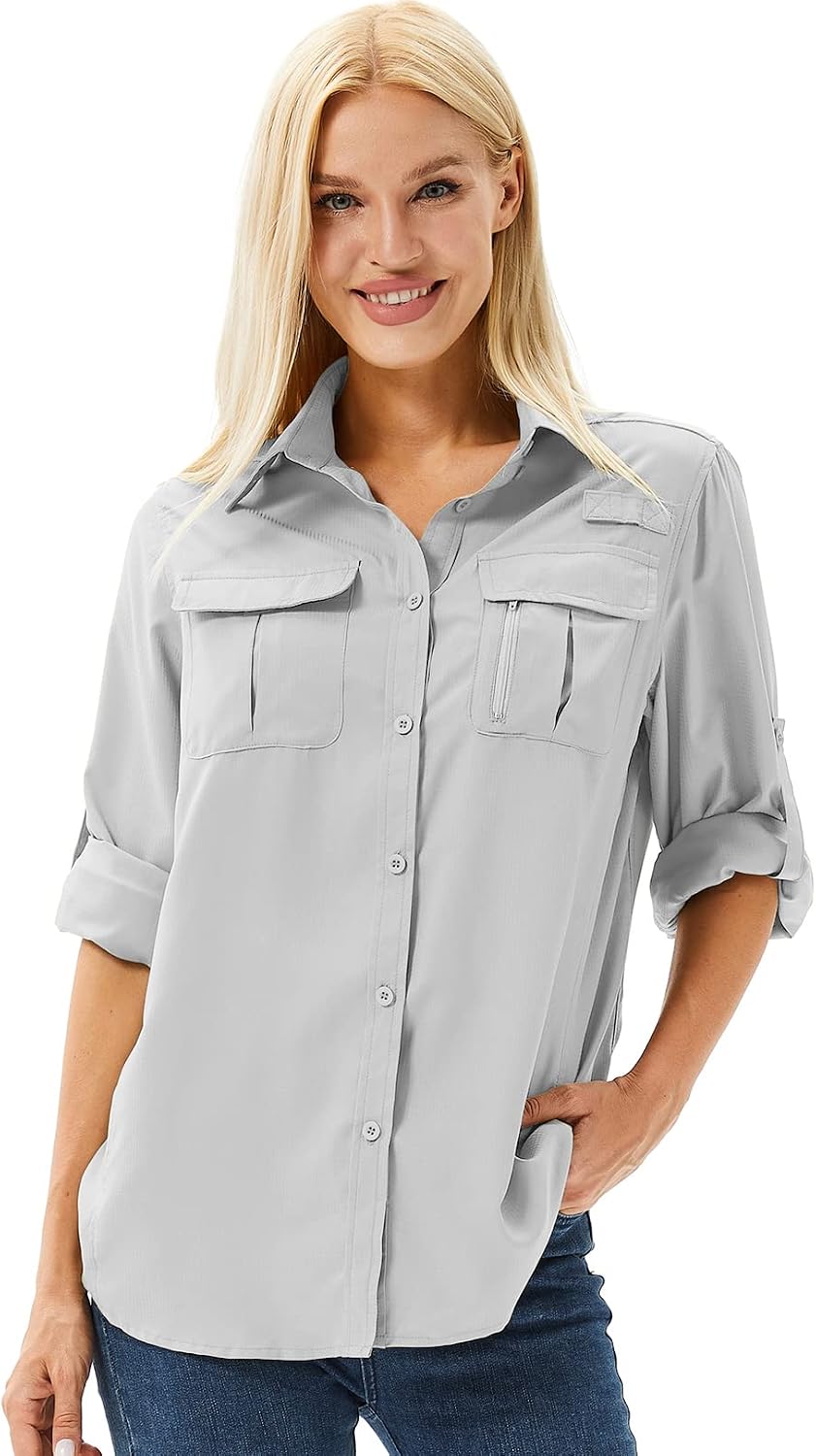 Anteef Women's Safari Shirts Long Sleeve Hiking Fishing UV Sun Protection UPF 50,Quick Dry SPF Breathable Shirts