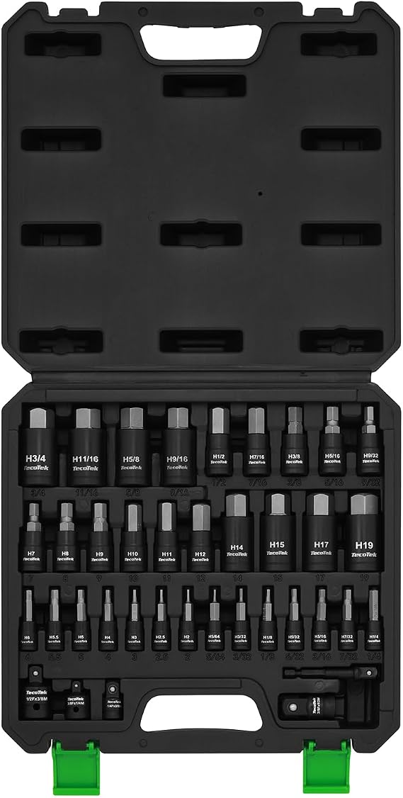 TecoTek 38PCS Hex Impact Bit Socket Set, 1/4", 3/8" and 1/2" Drive, SAE and Metric Allen Socket Bit, S2 and Cr-V Steel, S2 Steel, 5/64" - 3/4", 2mm - 19mm, Includes 5PCS Socket Adapters