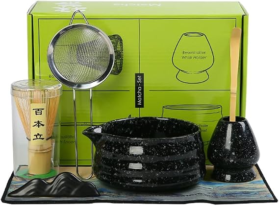 Matcha Set Matcha Whisk Matcha Bowl With Water Ladle Matcha Whisk Holder Tea Making Kit.Japanese Tea Set(7pcs)+1Spoon,Celadon Blue gift set... (Black spots)