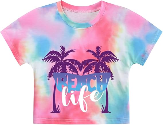 DDSOL Girls Crop Tops Summer Palm Tree Sunset Beach Shirt Hawaii Short Sleeve Tropical Tshirts for Teen Girl 6-14 Years