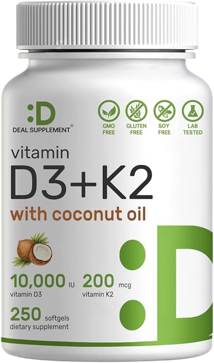 DEAL SUPPLEMENT Vitamin D3 10,000 IU + K2 MK7 200mcg Softgels, 250 Count | 2-in-1 Complex with Virgin Coconut Oil | Easy to Swallow