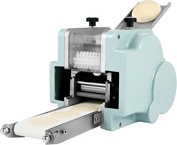 Electric Dumpling Skin Maker Automatic Dumpling Wrapper Maker with Powder Spreading Box and Waterproof Switch for Household and Commercial Use (110V, 140W, Blue, Silver)