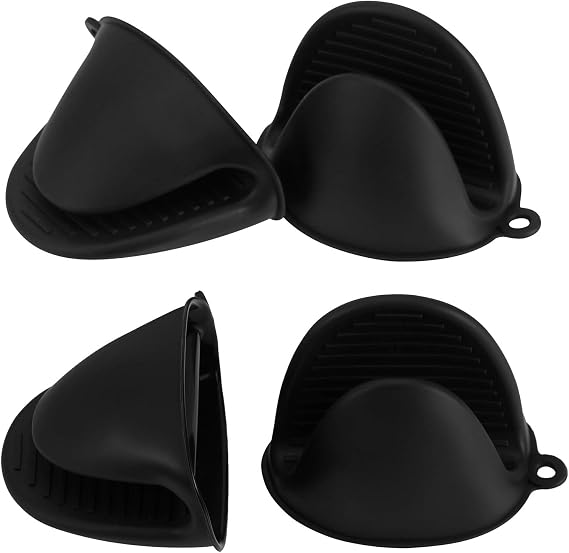Vaincre 4PCS Silicone Oven Mitts Heat Resistant, Silicone Potholders for Kitchen, Mini Rubber Oven Glove Kitchen Mittens, Cute Cooking Mitts (Black and Black)