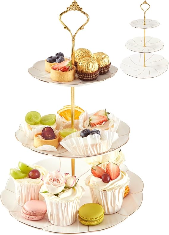 DUJUST Luxury Porcelain 3-Tier Cupcake Stand Tower, British Style Serving Tray with Golden Trim, Food Grade Dessert Display Stand, Beautiful Gift for Tea Party & Home Decor