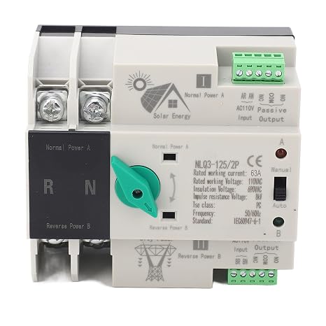Automatic Transfer Switch 2P 110V 63A Mini ATS Generator Changeover Switch for Din Rail Emergency Backup Power System