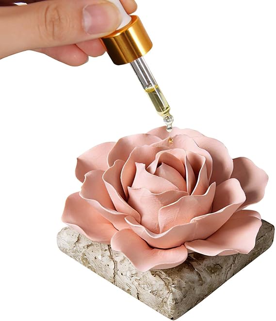 Ceramic Passive Essential Oil Diffuser, Aesthetic Desktop Handmade Flower & Concrete Base, Porcelain Aromatherapy Oils Diffuser for Home, Office, Yoga, Spa Room (Pink Peony)