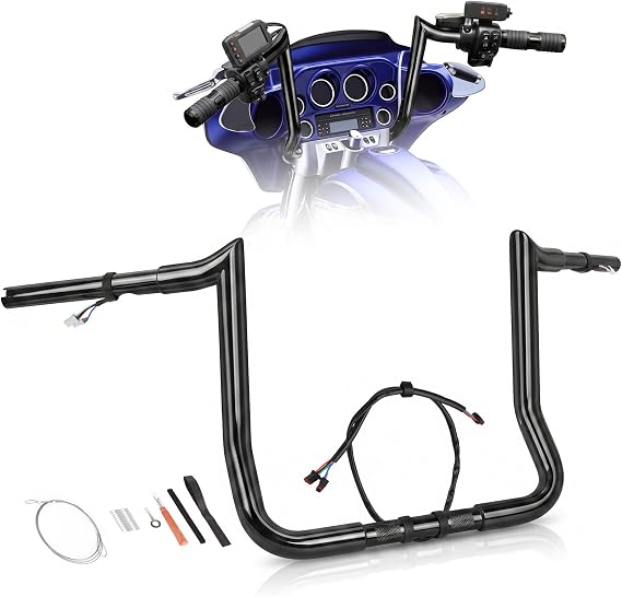 Pre-Wired 1 1/4" Fat 14" Rise Ape Hangers Handlebars Fit for Harley Touring Miter Cut Street Glide/Electra Glide/Ultra Limited 2014-2023, 1" Clamp Meathook Monkey Bar (Black)