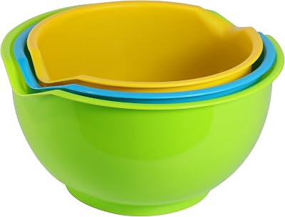 3pcs Mixing Bowls with Pour Spout-Nesting Design Saves Space - Non-Slip, BPA Free, Dishwasher Safe Plastic - Kitchen Cooking and Baking Supplies Green